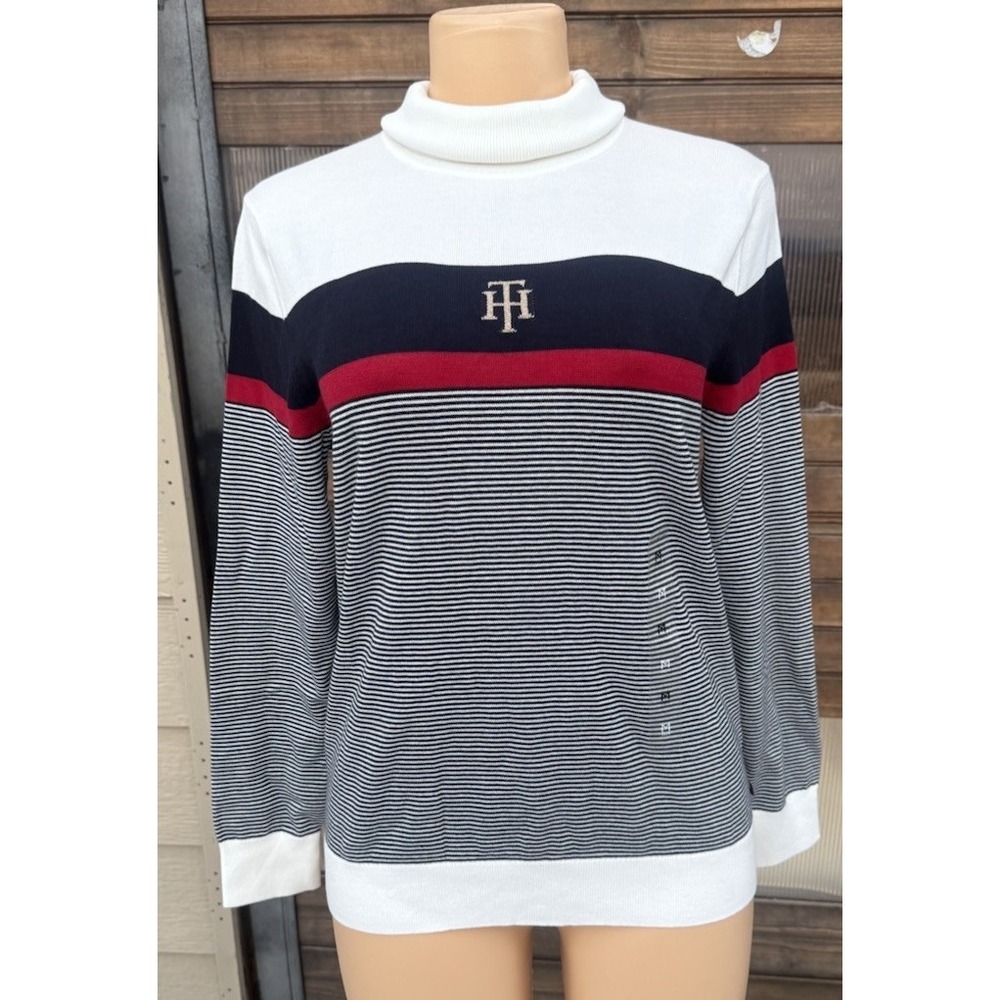 Tommy Hilfiger Women's Logo-Stripe Turtleneck Sweater - Sky Captain Multi‎ M